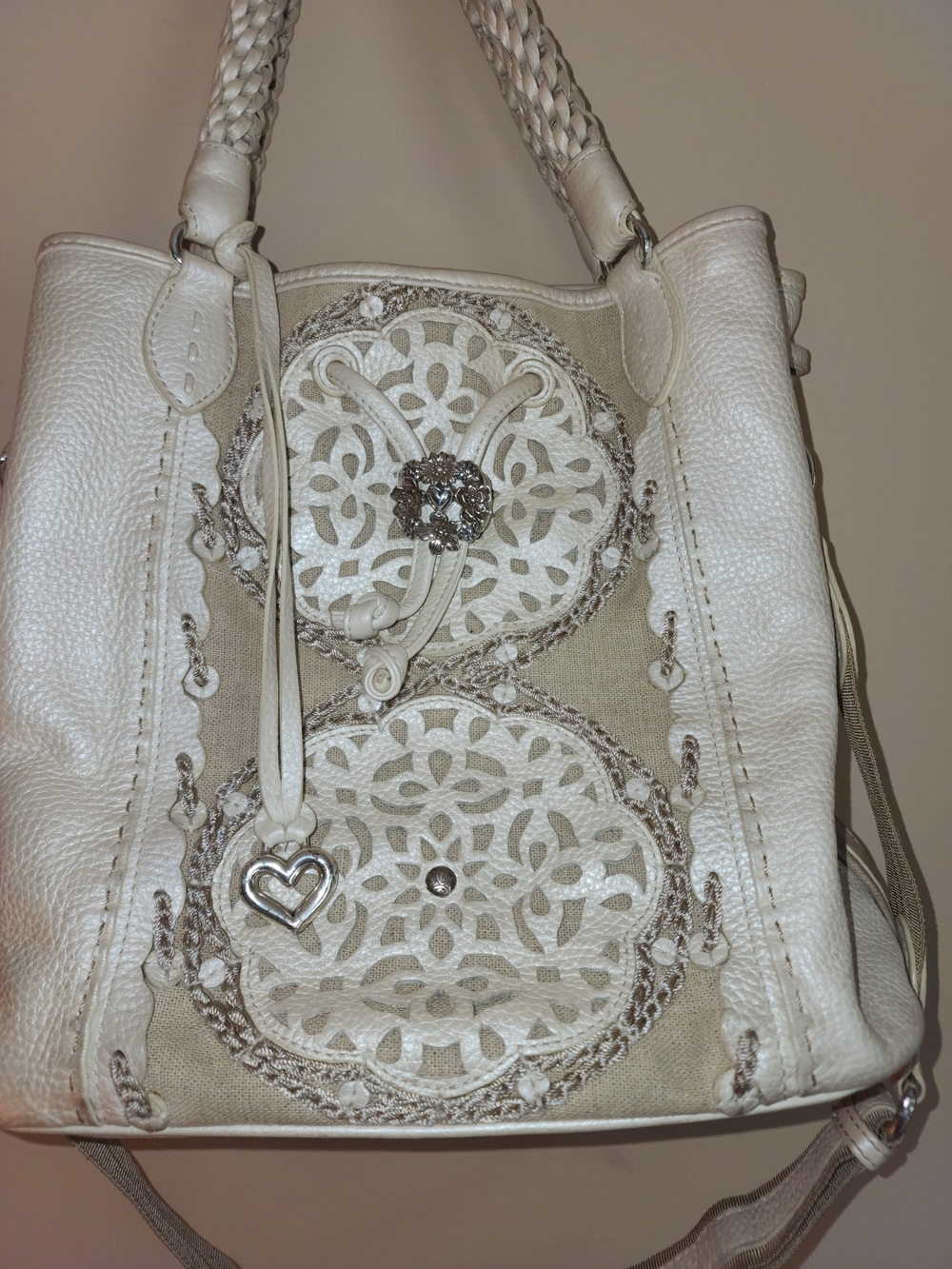 Brighton Masterpiece Ivory Leather Shoulder Bag with Embroidered Detail